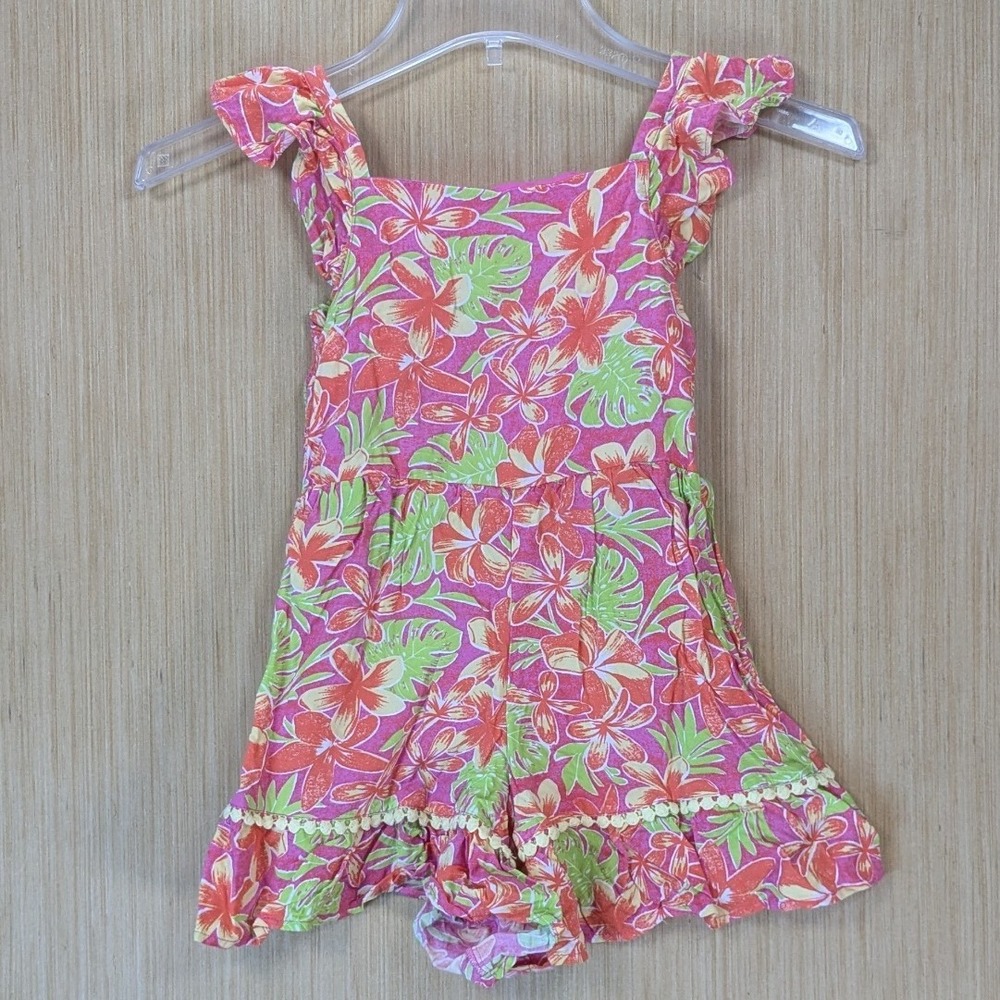 Tommy Bahama Girls Pink Tropical Floral Ruffle Smocked Romper Size 5 Colorful